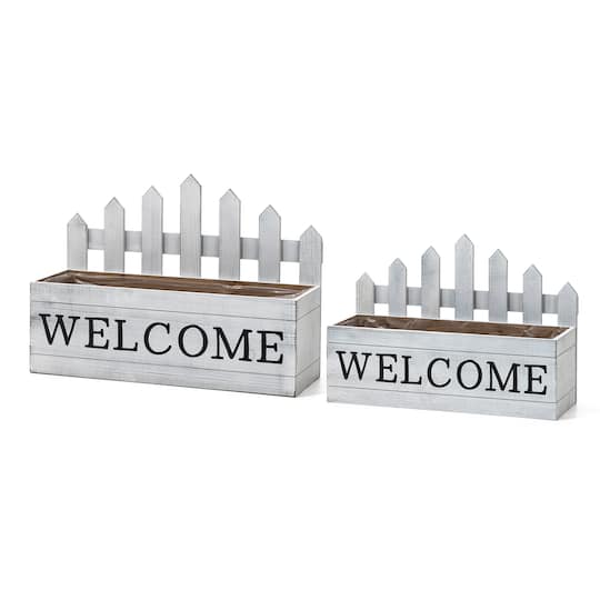 Glitzhome&#xAE; White Wood WELCOME Fence-Inspired Planter Stand Set